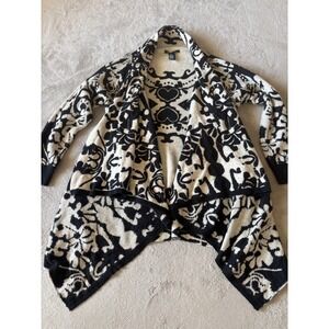 BCBG MAXAZRIA Women's L Cardigan Sweater Draped Open‎ Front Black White Pattern